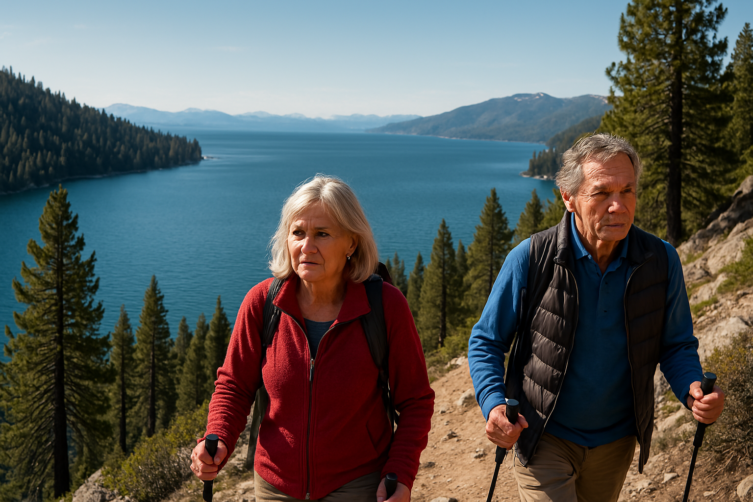 Active seniors hiking with a view of Lake Tahoe
